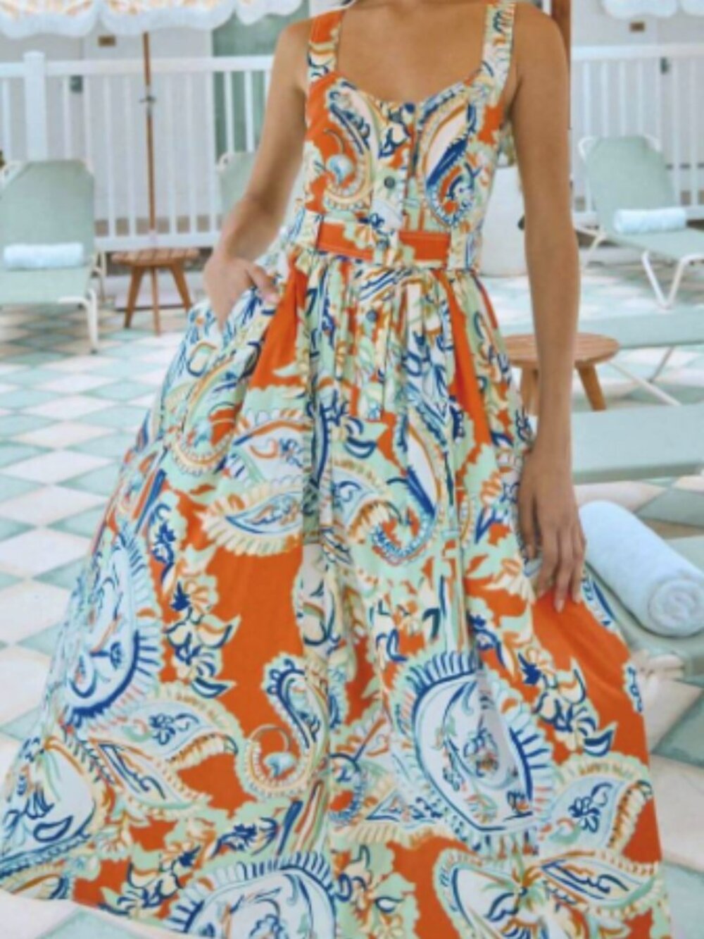 Hunter Bell Cleo Cross Back Belted Long Dress Amalfi Tiles Floral Print 0